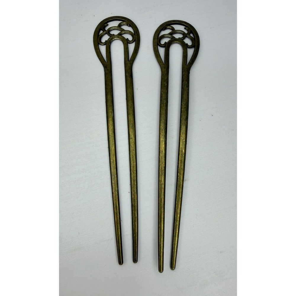 Vintage Bronze U-Shape Hair Fork Metal Hairpin Ornate Geometric Updo Bun Pin